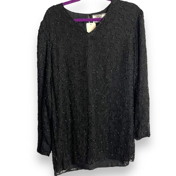Felicity  Beaded Blouse Women's M Black Silk Formal Casual Deadstock Modest Glam - Picture 1 of 14